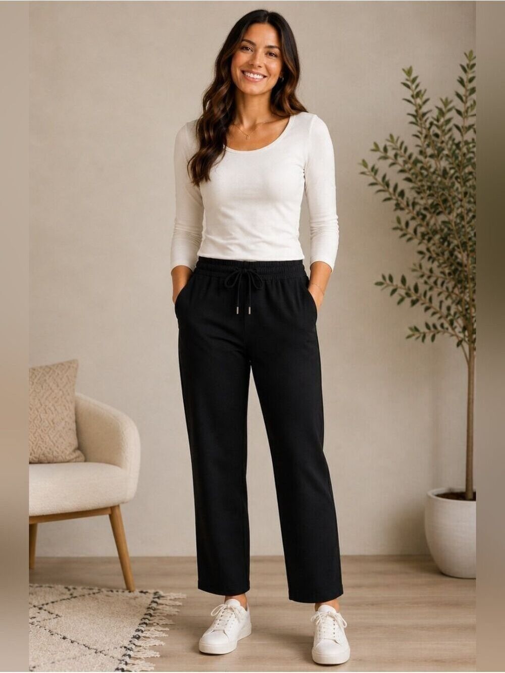 Nine West Black Drawstring Pants Women Pull On Work Pants Comfy Elastic Waist M